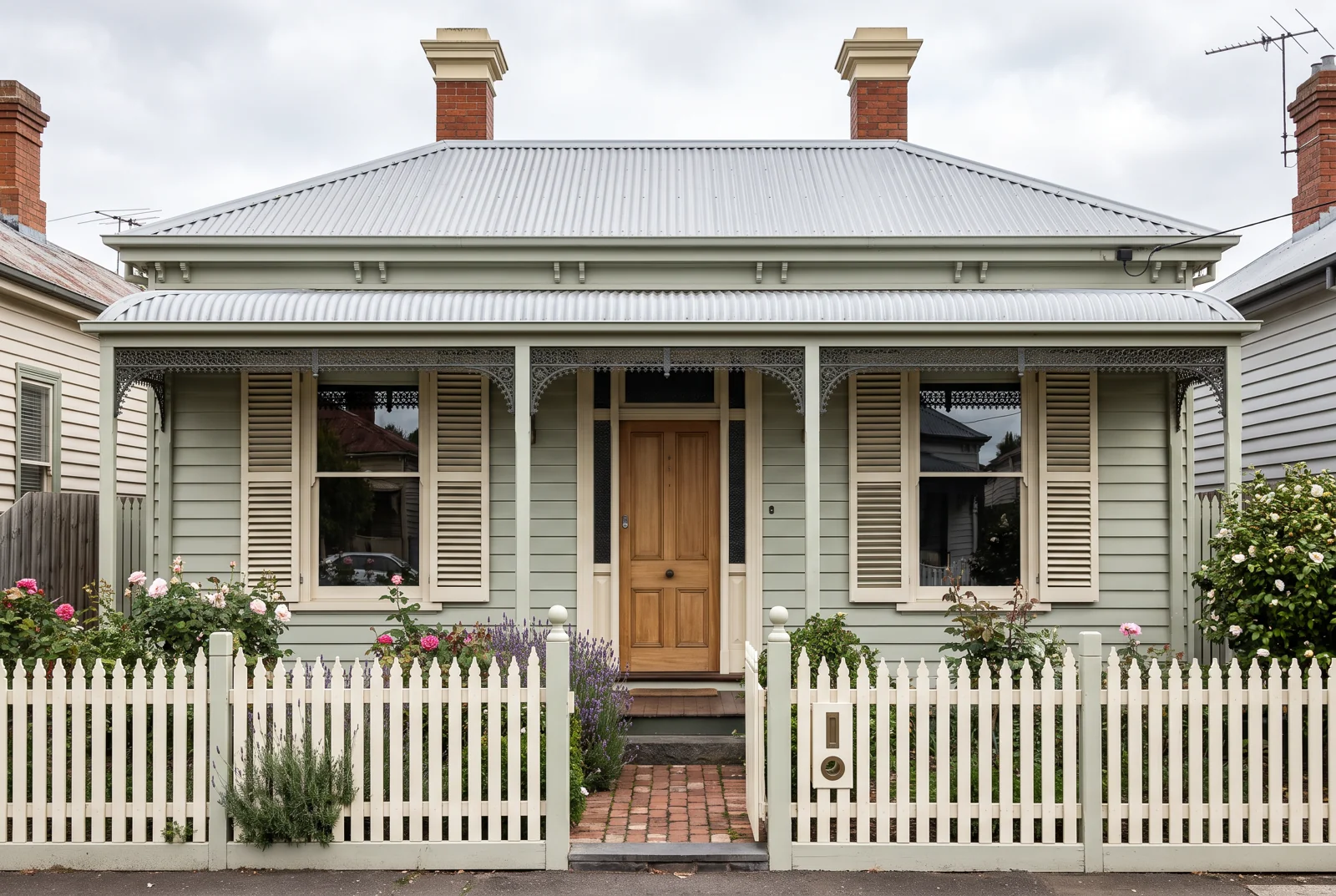 Melbourne weatherboard cottage with pale timber louvred shutters beside sash windows